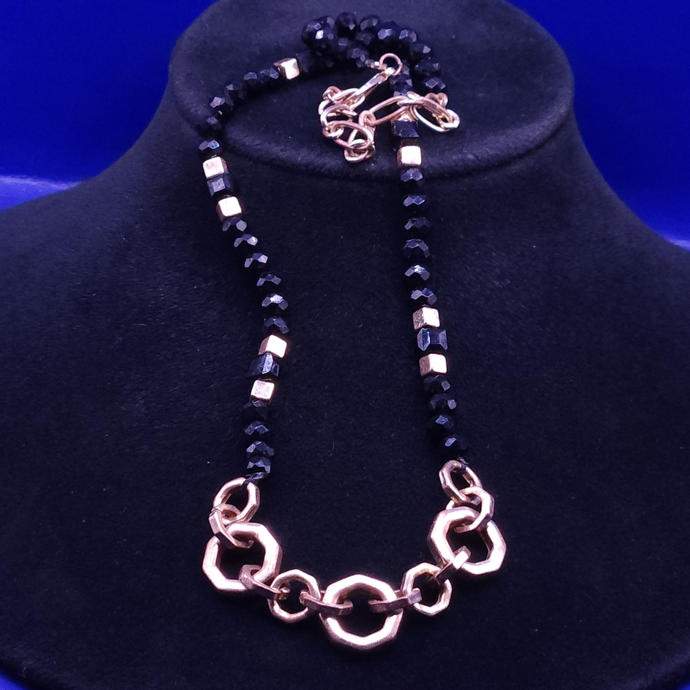Black Beaded Necklace with Rose Gold Chain Accent